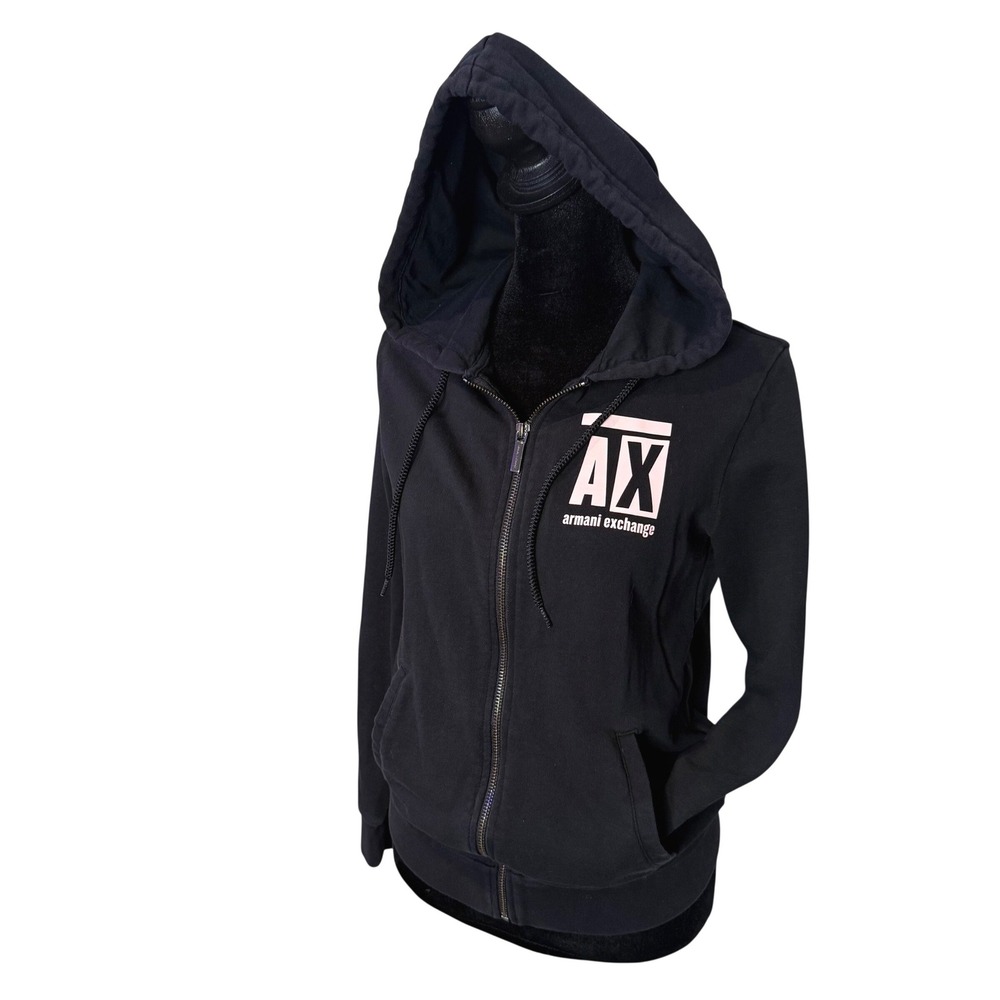 Armani Exchange Zip Up Hoodie Black Pink Logo French Terry Sweatshirt Womens S